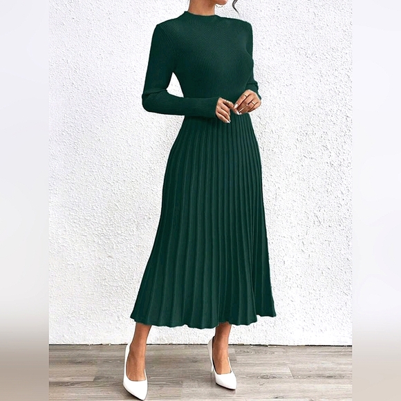 New Chic Ribbed Knit Pleated Long Skirt Flared Sweater Dress Dark Green - Picture 1 of 9